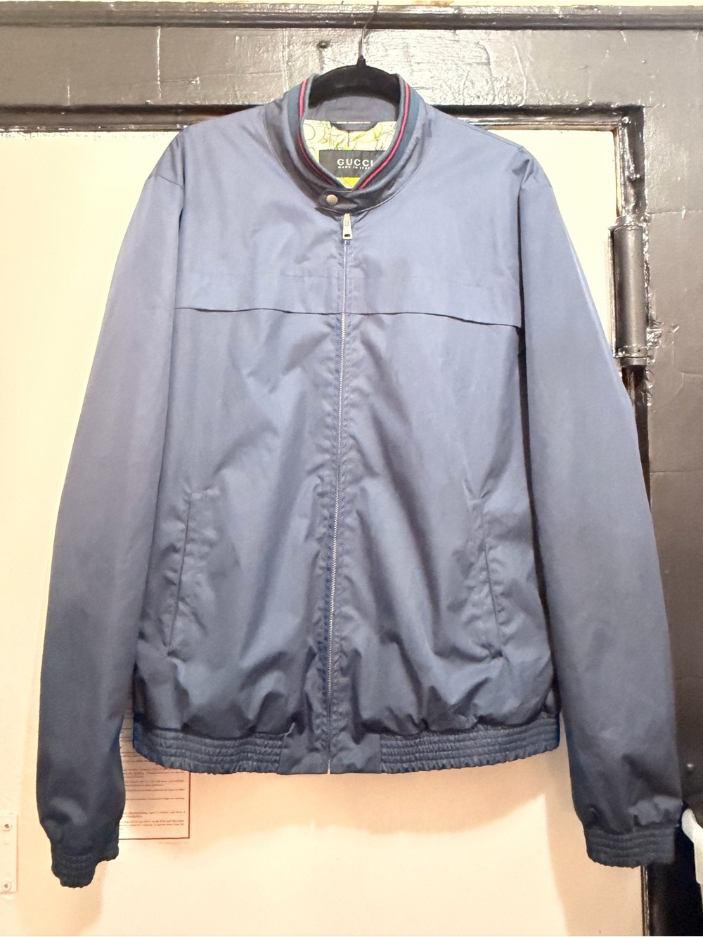 Gucci Men's Blue Bomber Jacket with Stripe Collar